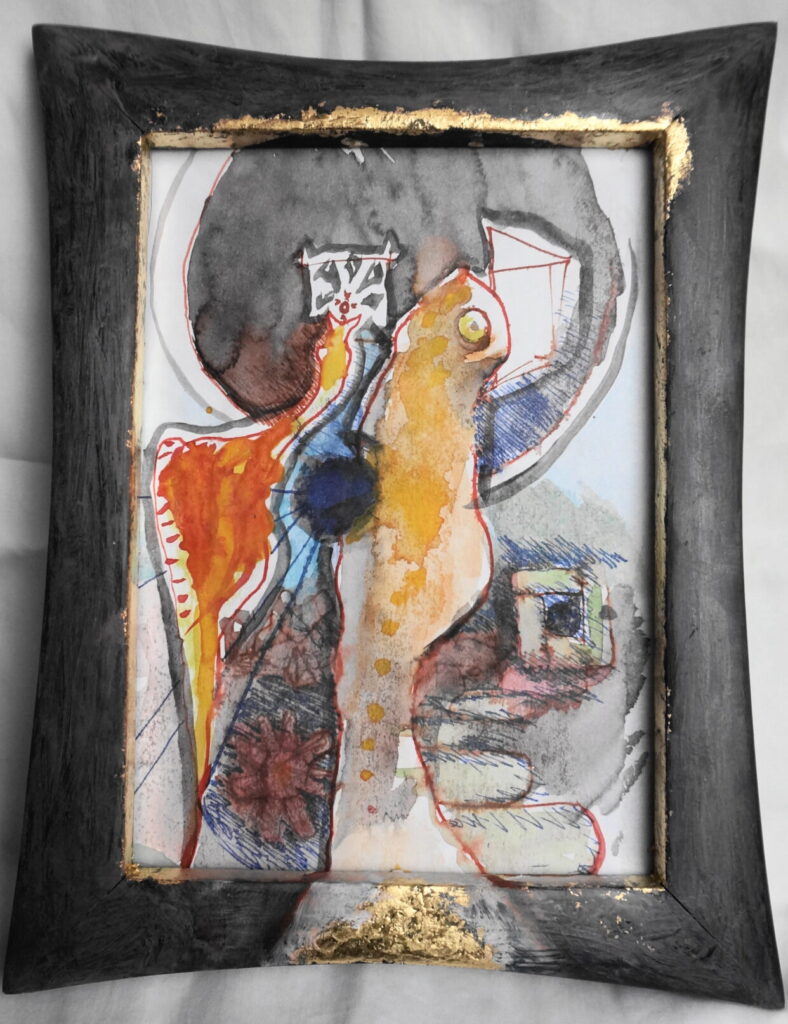 „Kleines, schmutziges Aquarell“, Aquarell, Tusche Papier, Holzrahmen mit Ölfarbe und Blattgold, E. v. Brandt